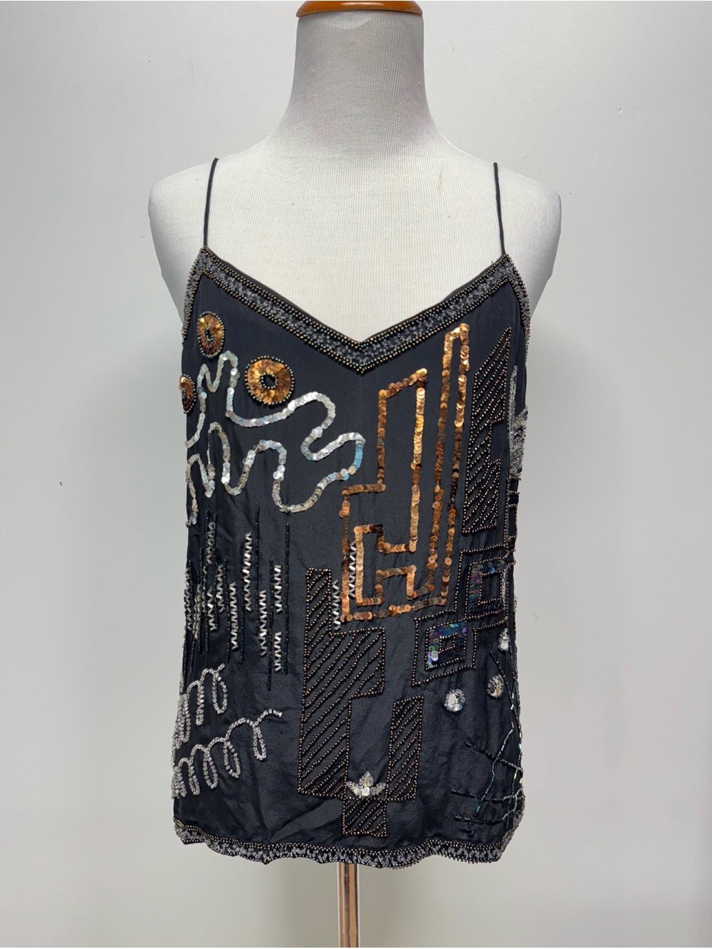 Argenti 90s Vintage Black Silk Beaded Sequin Cami Top Embellished Evening. Med
